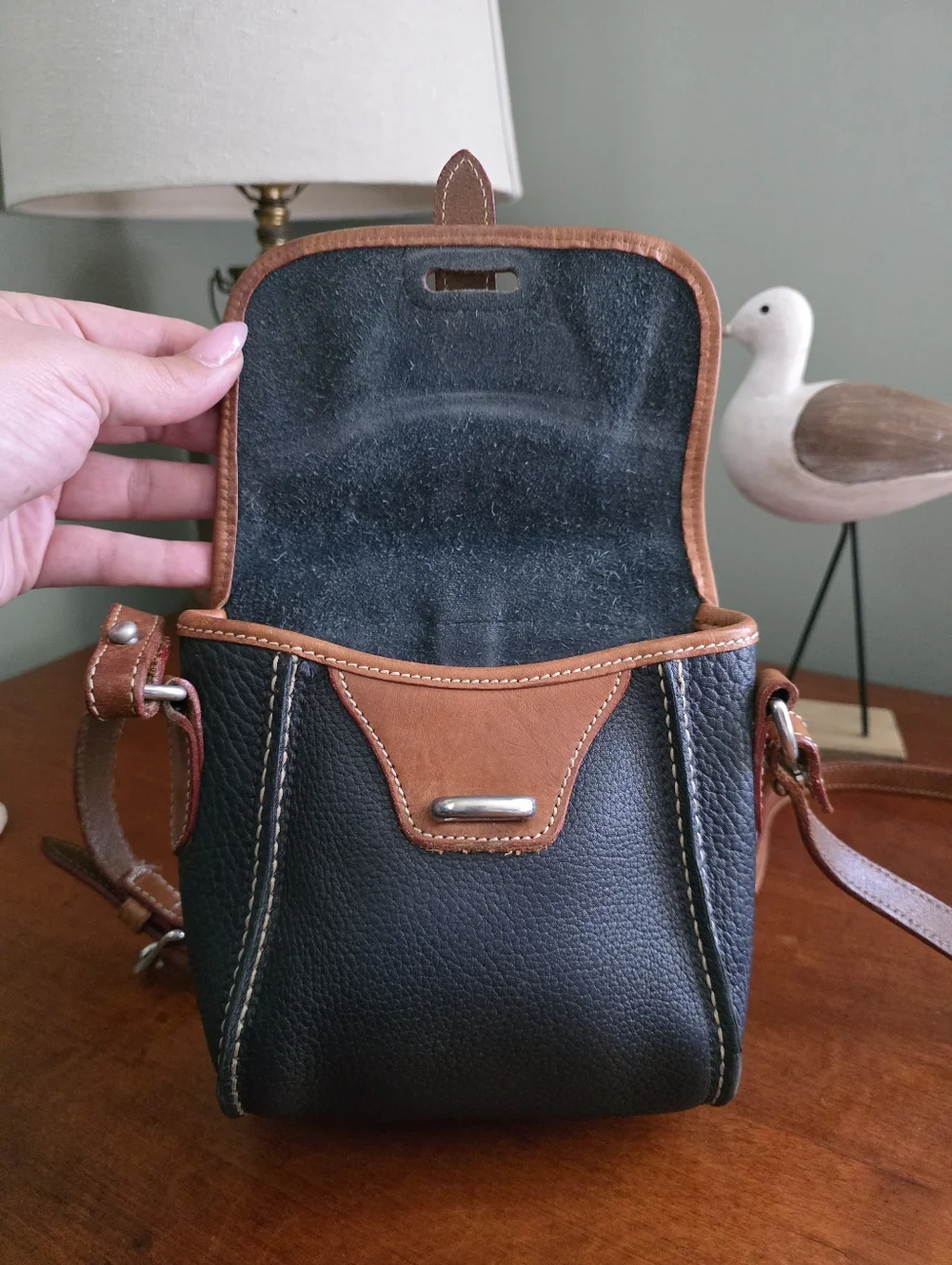 Dooney & Bourke Vintage Mini Flap Crossbody Navy Tan AWL Leather Bag